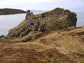 The ruin of Dunscaith Castle in the parish of Sleat on the Island of Skye, seat of the MacDonald Clan of Sleat